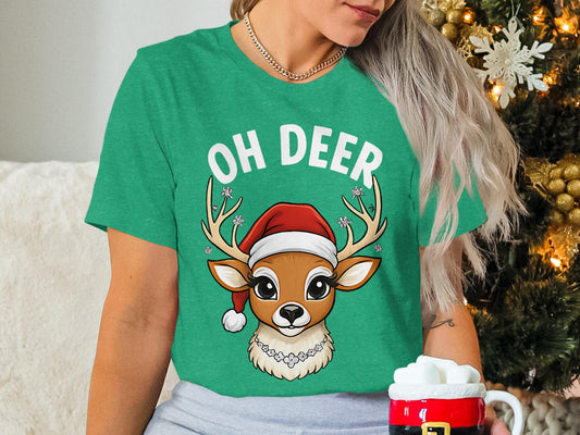 Christmas Deer T-Shirt: Cartoon Santa Hat Reindeer Tee
