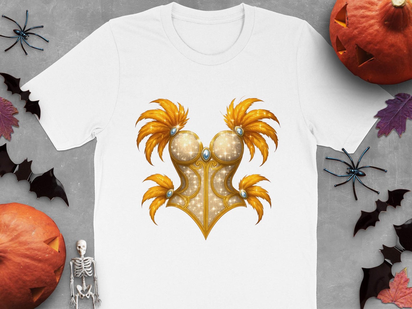 Golden Corset Graphic T-Shirt, Feather Embellished Bodice Top