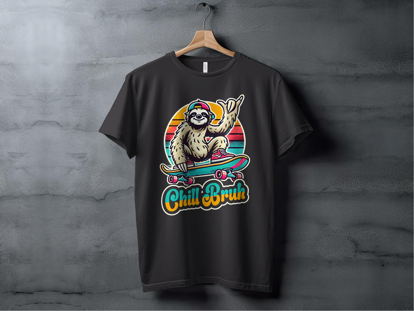 Funny Sloth Skateboard Graphic Tee: Retro Chill Bruh Design
