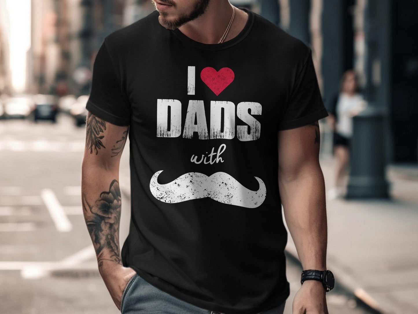 I Love Dads T-Shirts, Heart and Mustache Tee, Gift for Dad, Fathers Day Tee, Unique T-Shirts, Dad T-Shirts, Trendy Tees, Stylish Dad Gift