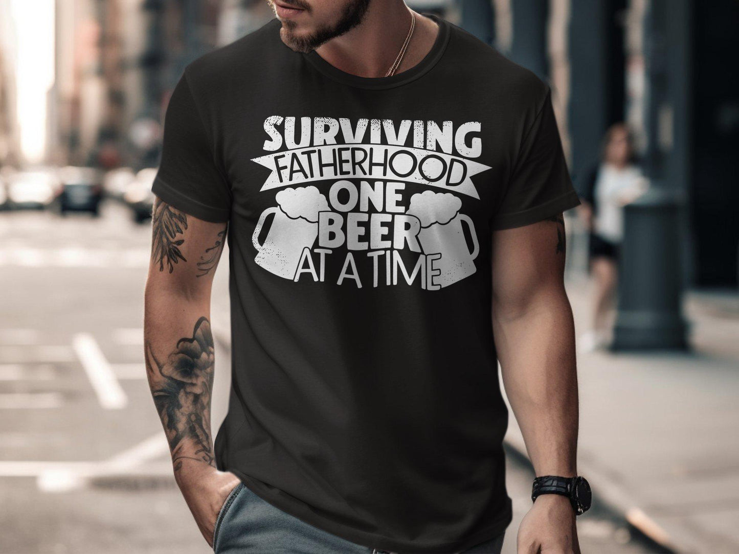 Surviving Fatherhood T-Shirt: Funny Beer Lover Dad Tee