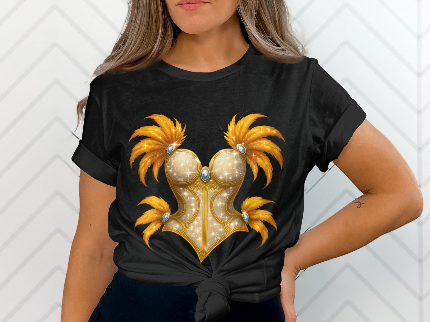Golden Corset Graphic T-Shirt, Feather Embellished Bodice Top