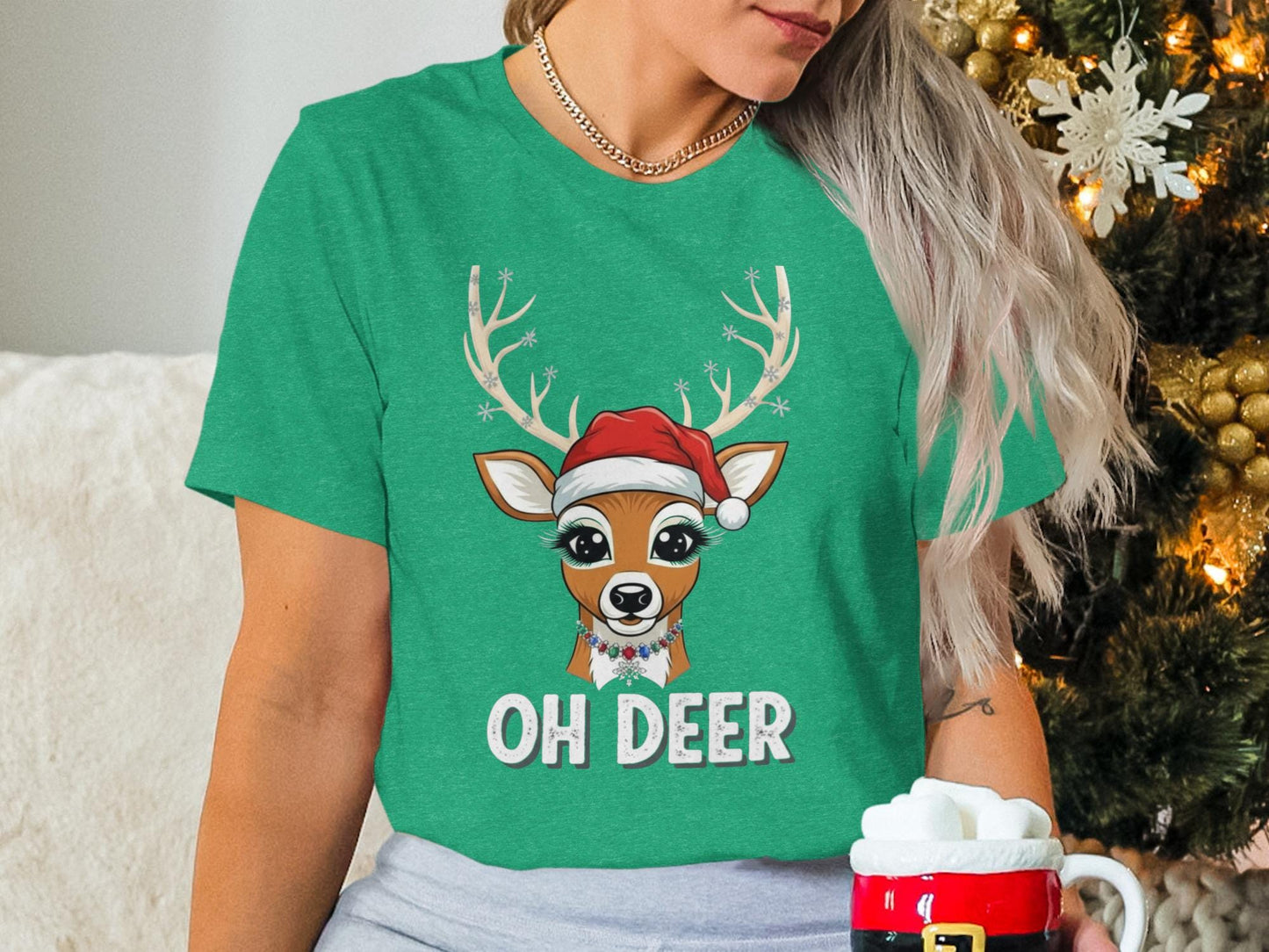 Oh Deer Christmas T-Shirt, Reindeer Santa Hat, Holiday Tee