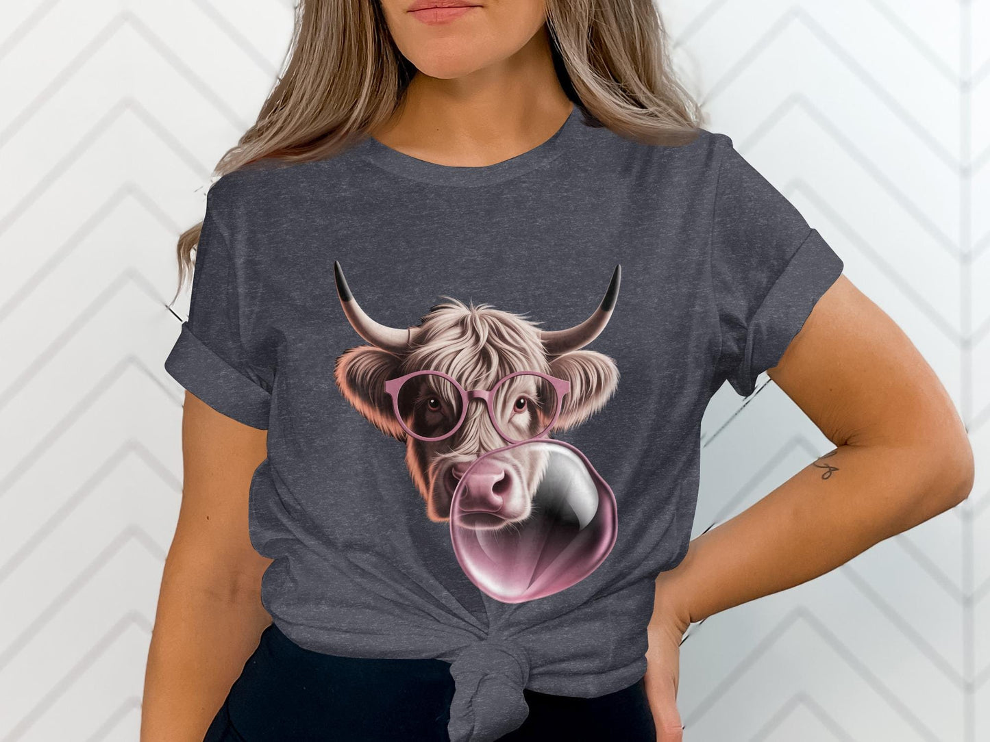 Highland Cow T-Shirt, Pink Glasses, Bubble Gum, Funny Animal Tee