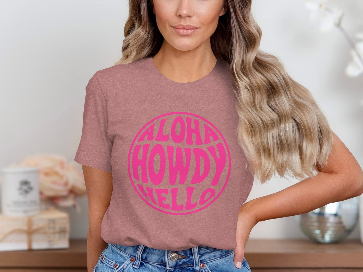 Aloha Howdy Hello T-Shirt, Retro Pink Graphic Tee