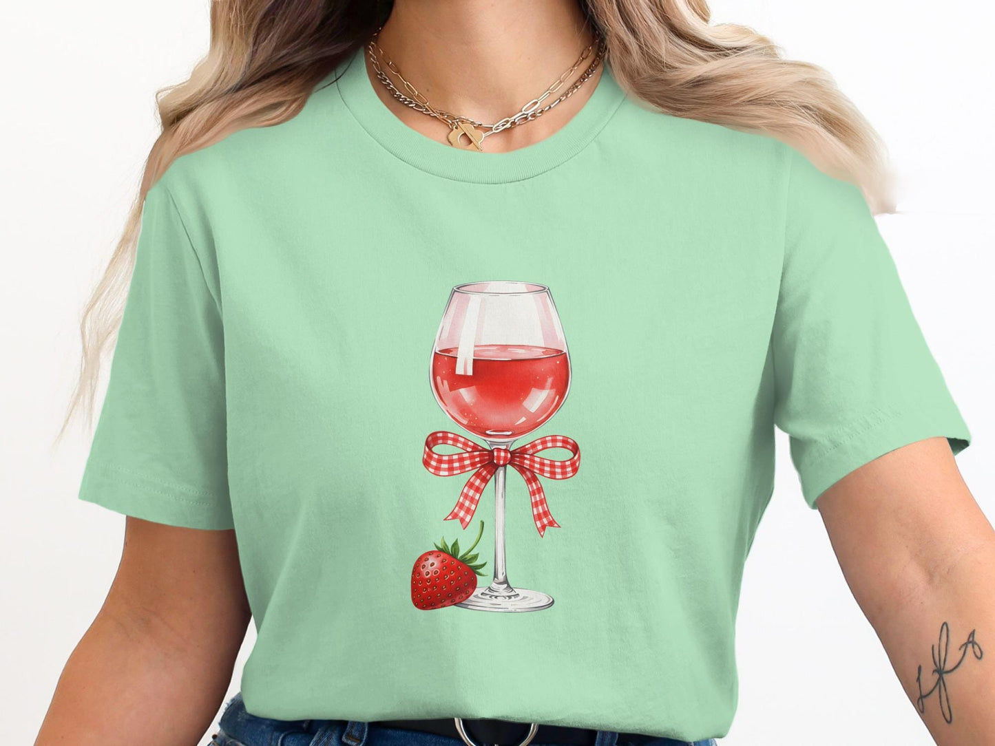 Strawberry Wine T-Shirt, Gingham Bow, Fruit Lover Tee