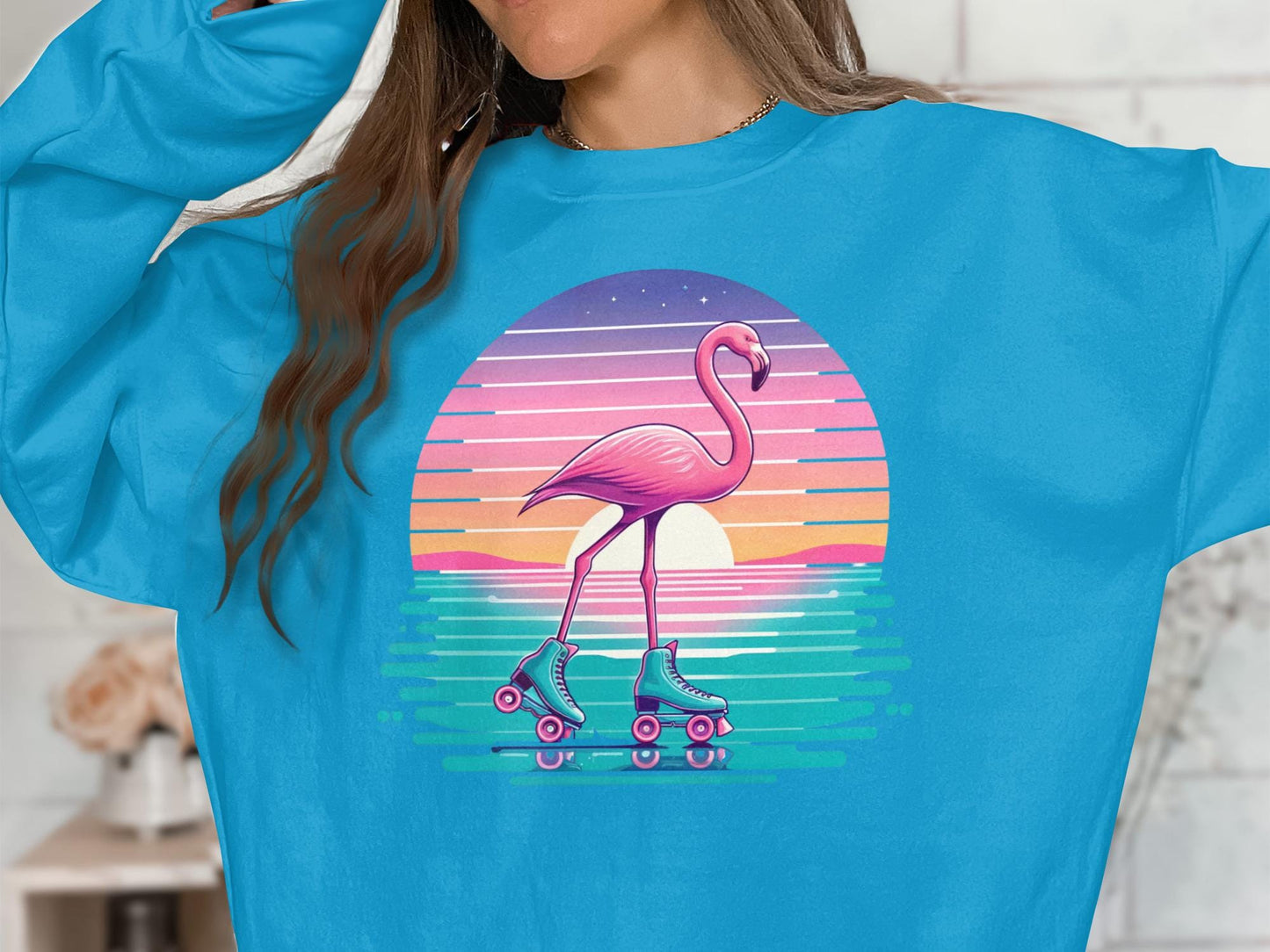 Flamingo Roller Skate T-Shirt, Retro Sunset Graphic Tee
