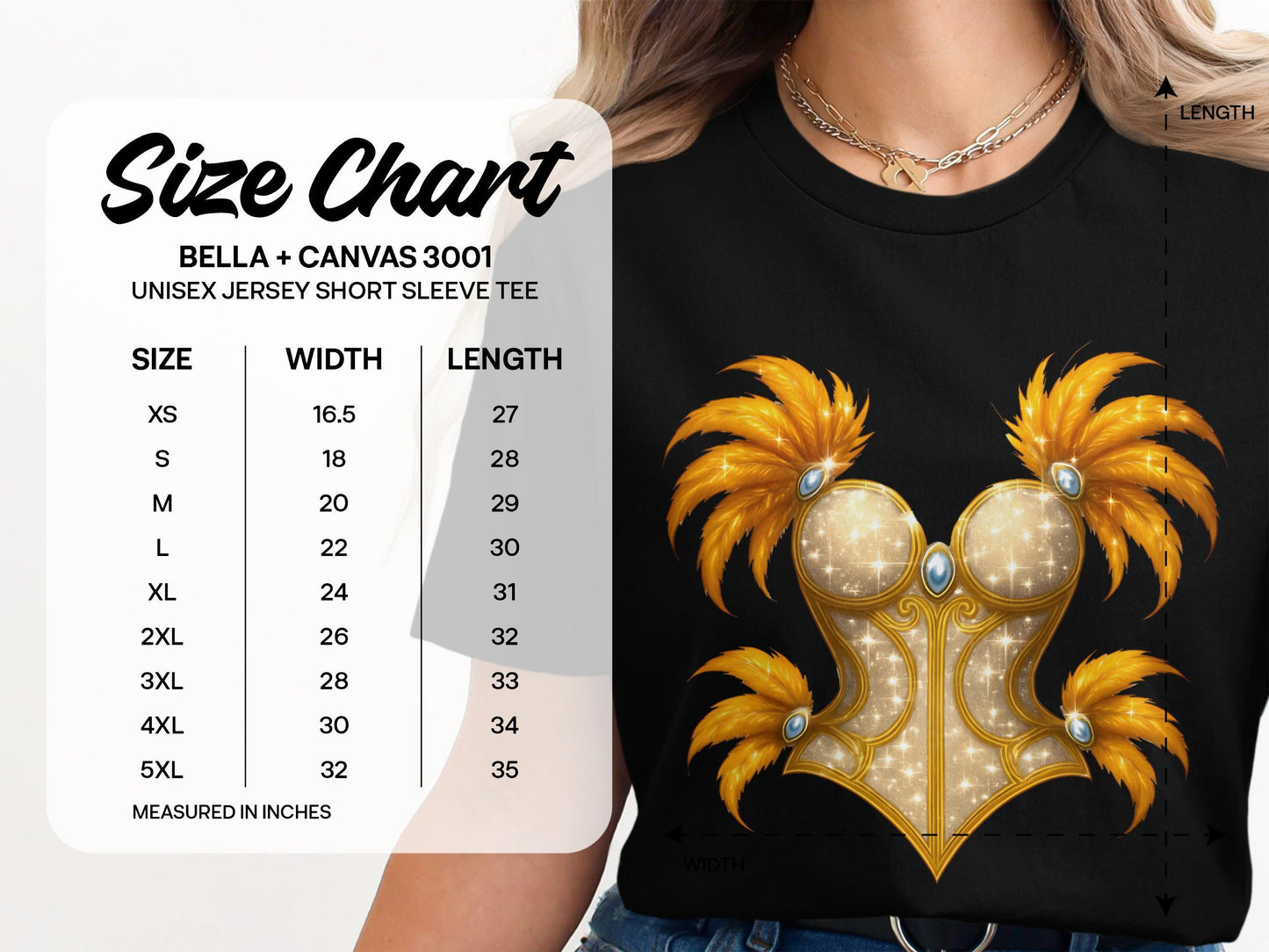 Golden Corset Graphic T-Shirt, Feather Embellished Bodice Top