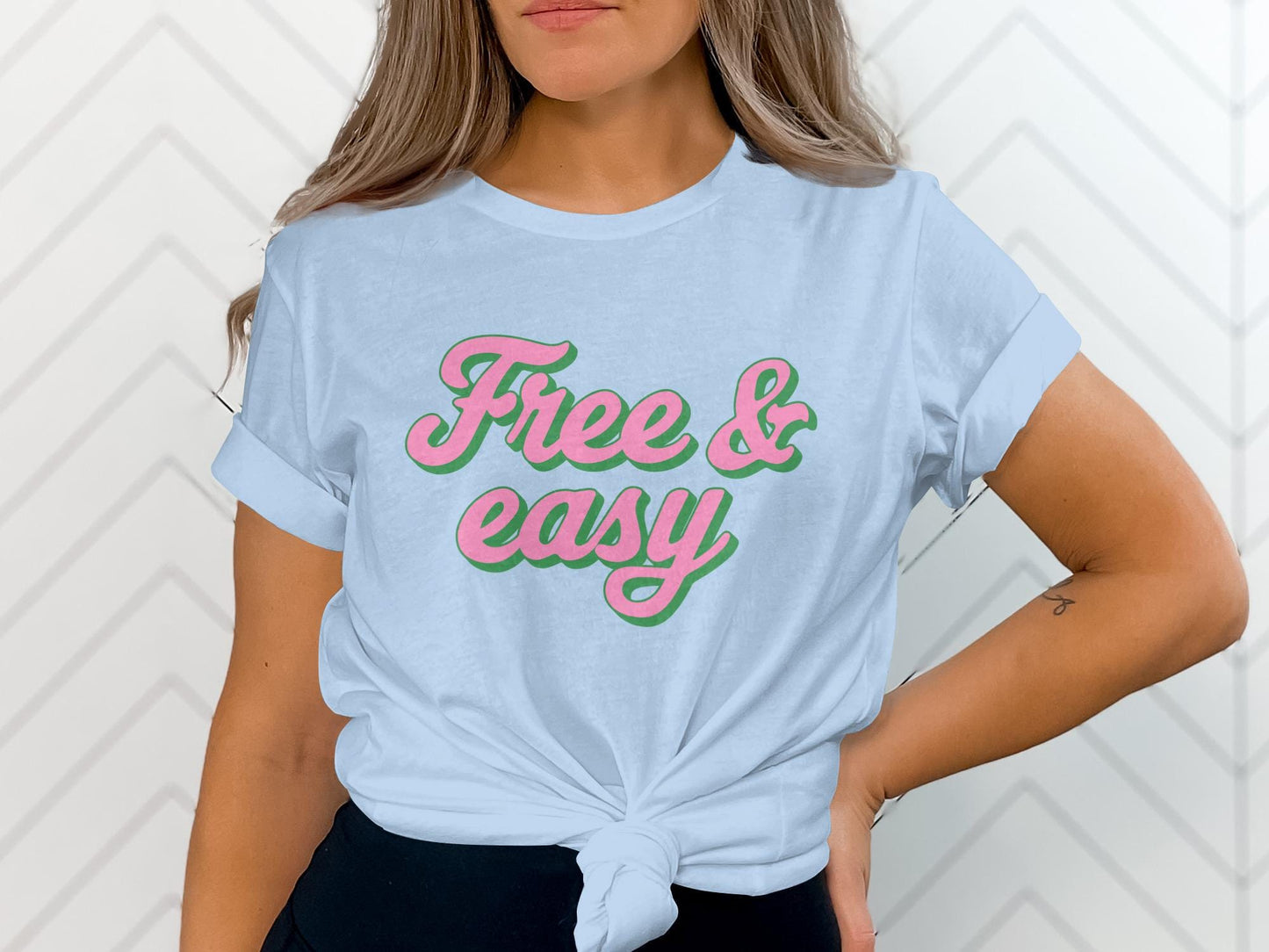 Free and Easy Graphic Tee, Pink Green Slogan Shirt