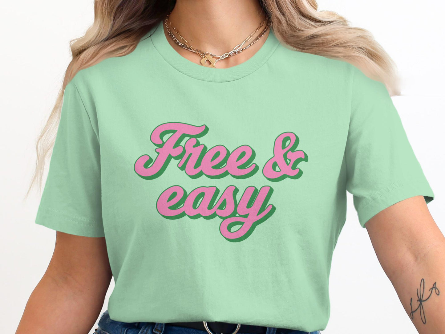 Free and Easy Graphic Tee, Pink Green Slogan Shirt