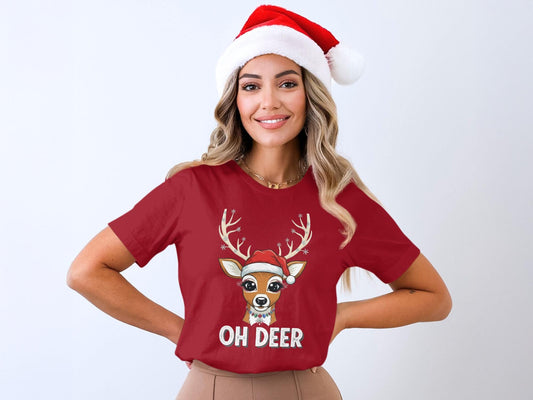 Oh Deer Christmas T-Shirt, Reindeer Santa Hat, Holiday Tee