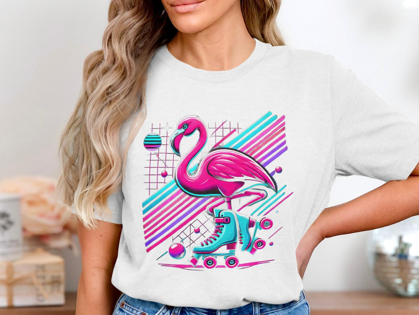 Flamingo Roller Skate T-Shirt, Retro 80s Graphic Tee