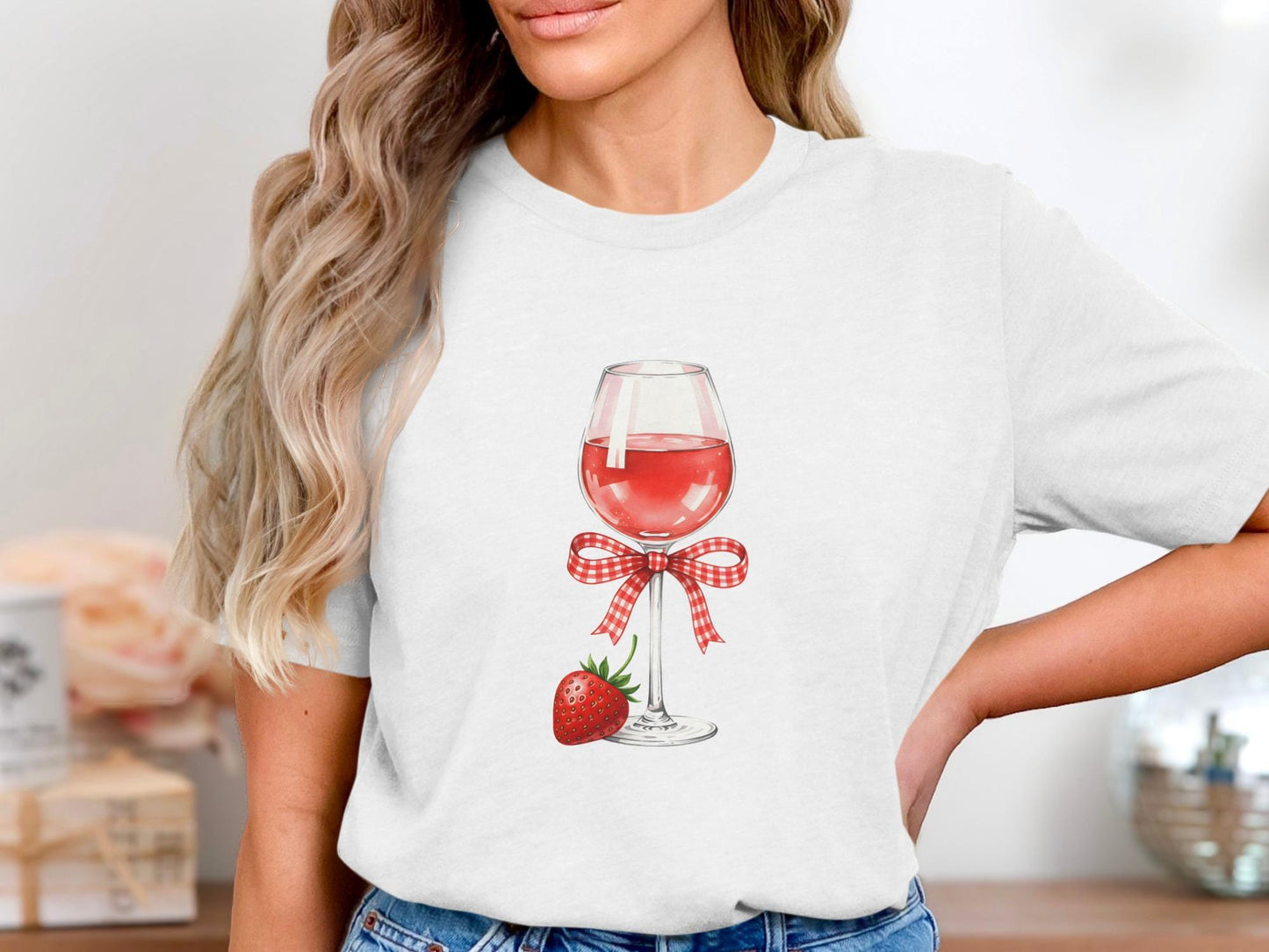 Strawberry Wine T-Shirt, Gingham Bow, Fruit Lover Tee