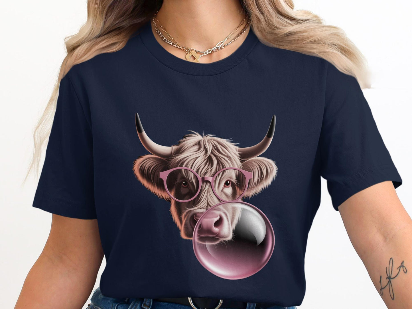 Highland Cow T-Shirt, Pink Glasses, Bubble Gum, Funny Animal Tee