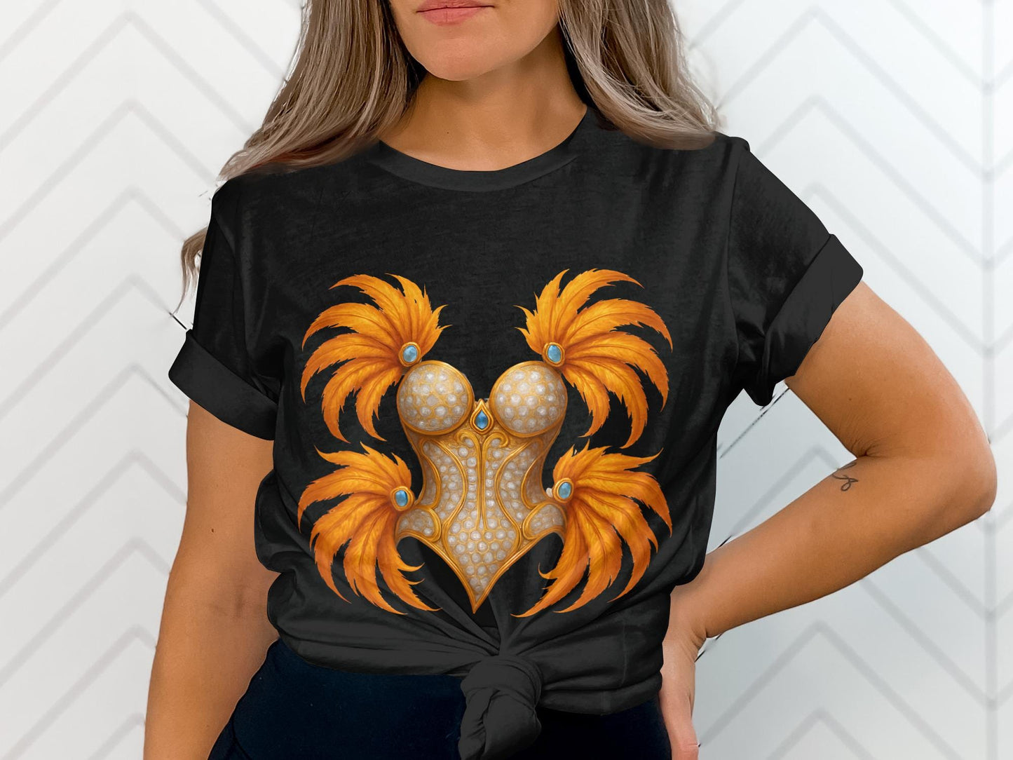 Feathered Corset T-Shirt, Golden Carnival Top, Burlesque Tee