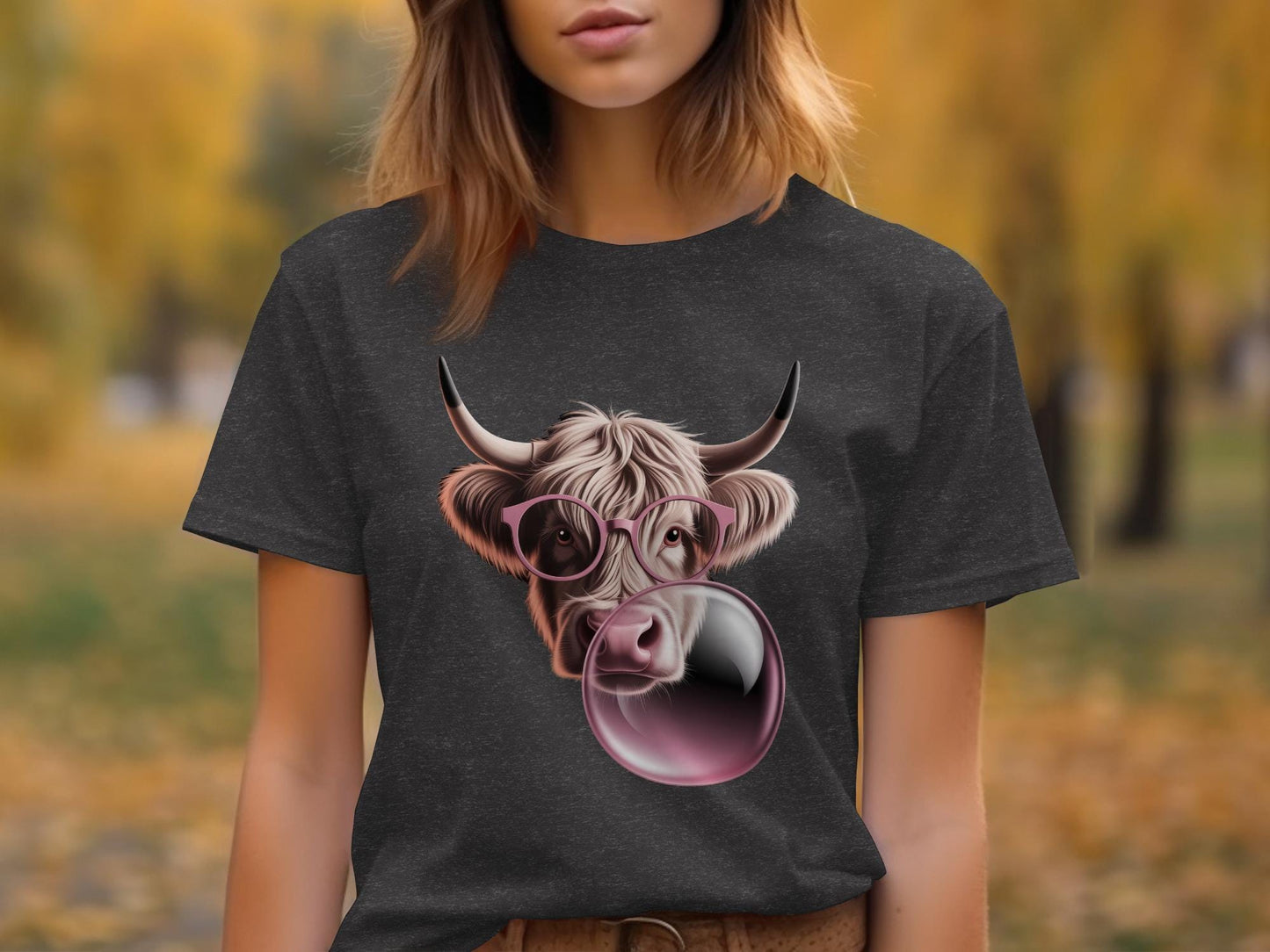 Highland Cow T-Shirt, Pink Glasses, Bubble Gum, Funny Animal Tee