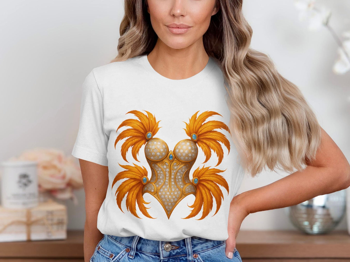 Feathered Corset T-Shirt, Golden Carnival Top, Burlesque Tee