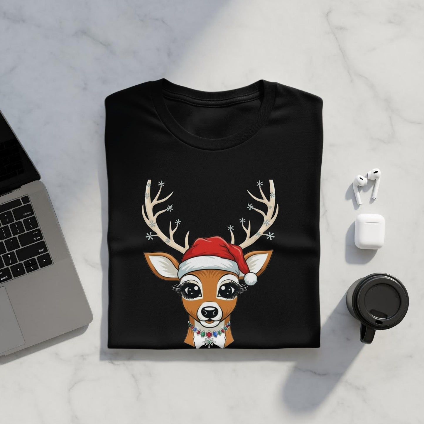 Oh Deer Christmas T-Shirt, Reindeer Santa Hat, Holiday Tee