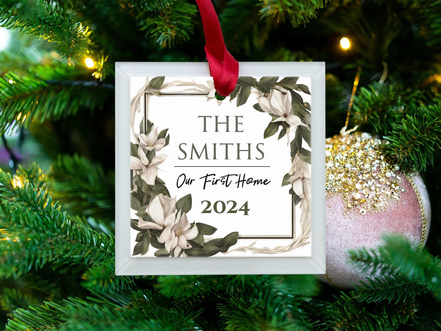 Custom Family Name Ornament, Housewarming Gift, First Home Ornament 2024, Personalized Home Decor, New Home Gift, Floral Keepsake