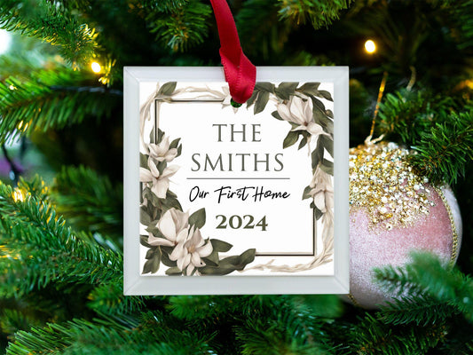 Custom Family Name Ornament, Housewarming Gift, First Home Ornament 2024, Personalized Home Decor, New Home Gift, Floral Keepsake