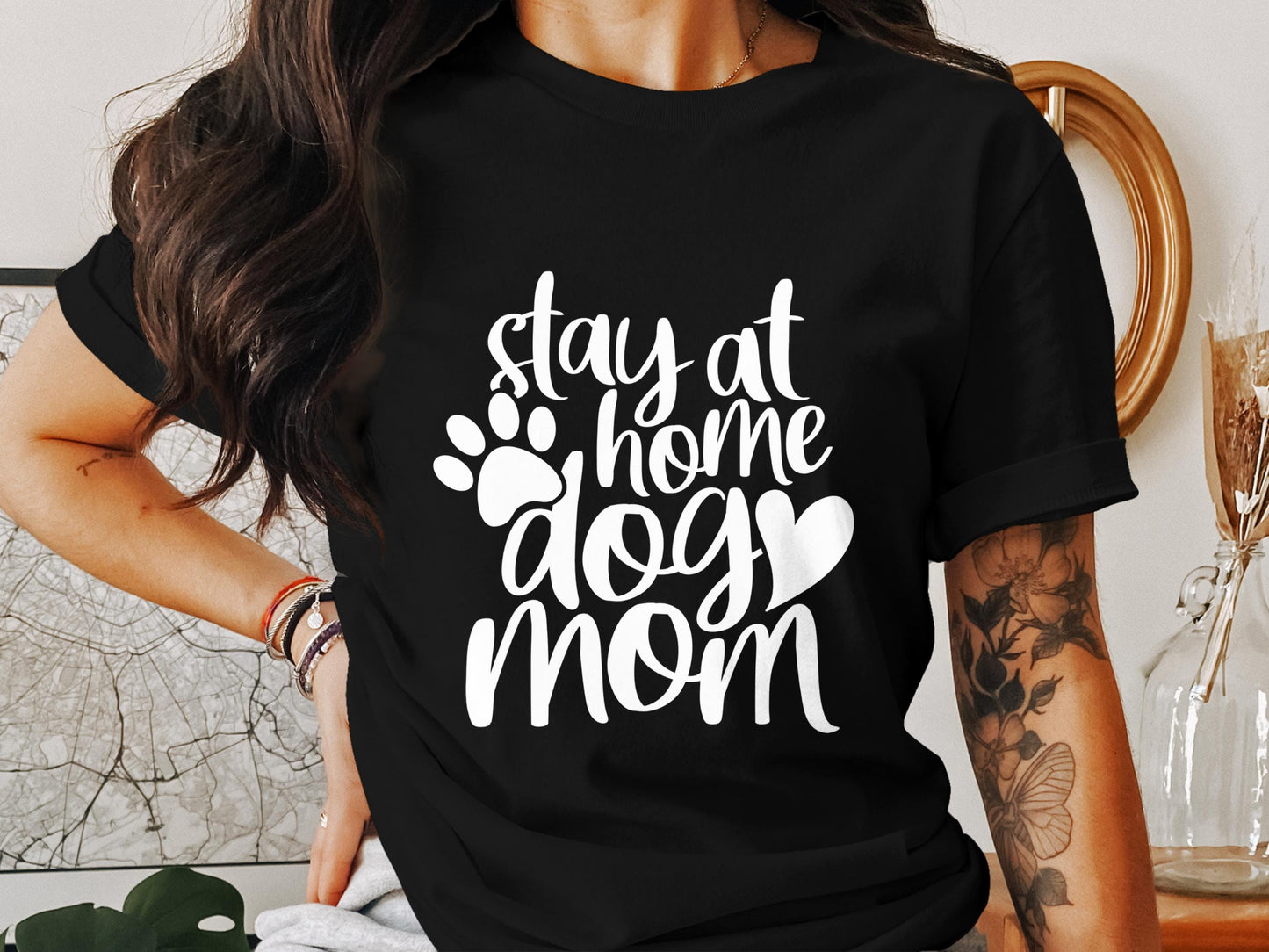 Stay At Home Dog Mom T-Shirts, Dog Lover T-Shirts, Gift for Mom, Mother's Day, Cute Dog Design, Pet Owner Tees, Dog Paw T-Shirts