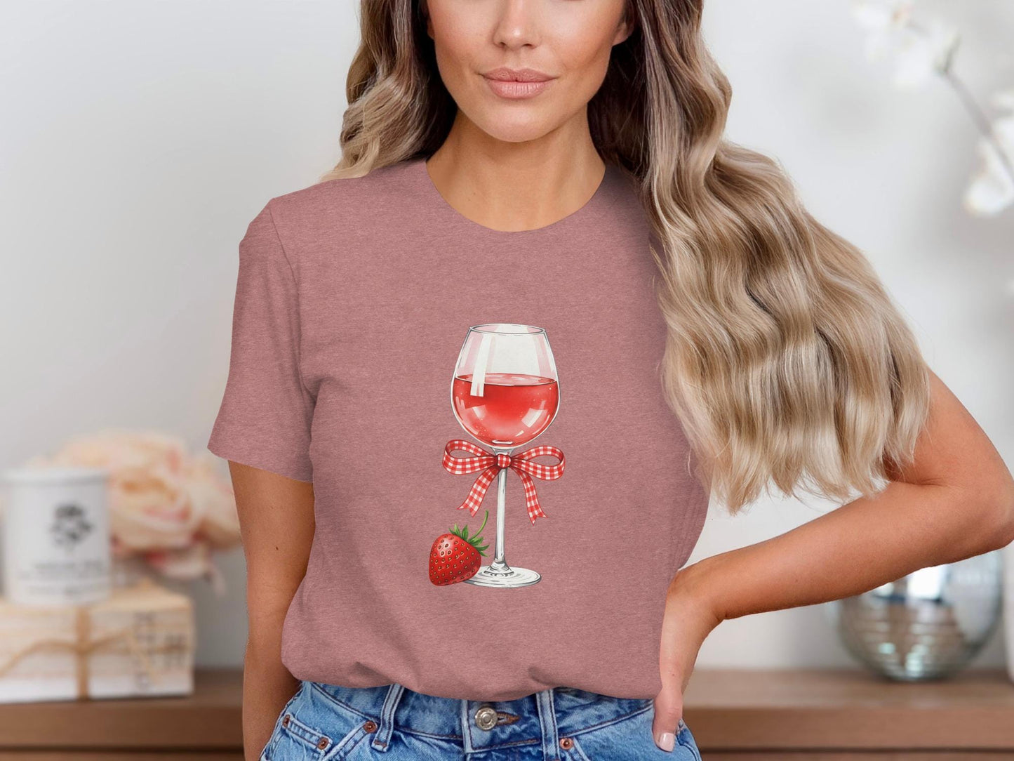 Strawberry Wine T-Shirt, Gingham Bow, Fruit Lover Tee