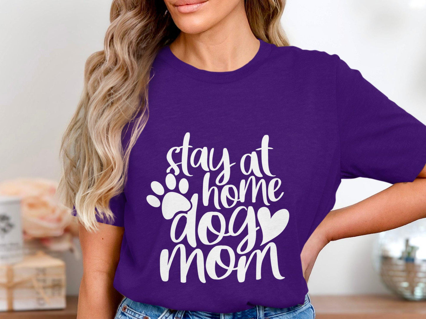 Stay At Home Dog Mom T-Shirts, Dog Lover T-Shirts, Gift for Mom, Mother's Day, Cute Dog Design, Pet Owner Tees, Dog Paw T-Shirts