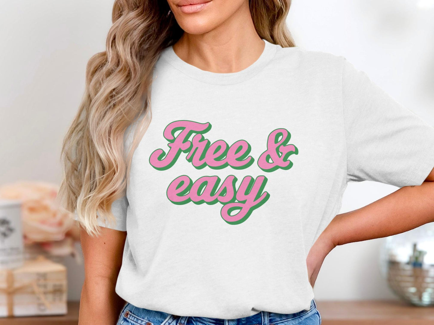 Free and Easy Graphic Tee, Pink Green Slogan Shirt