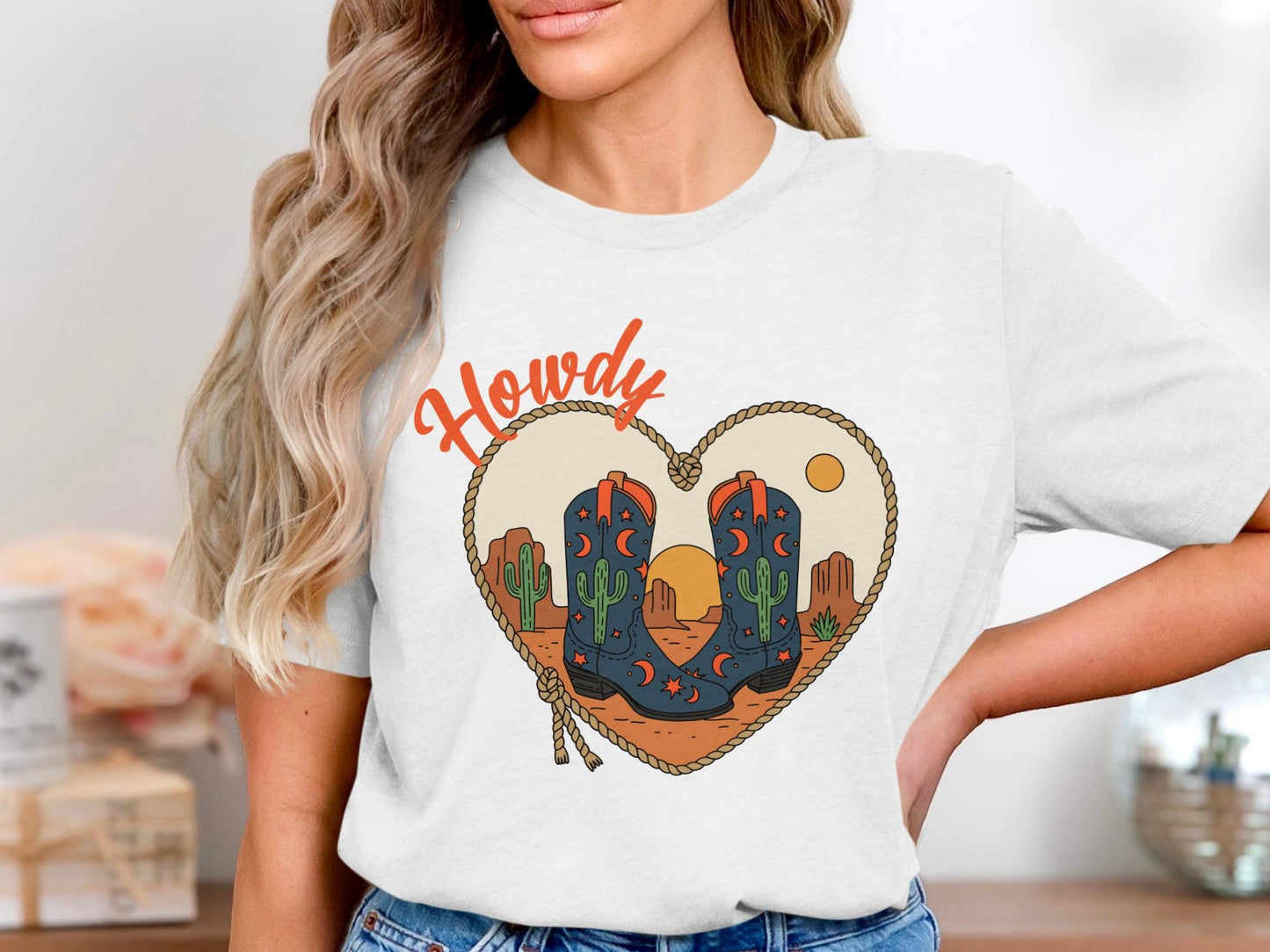 Howdy Cowboy Boots T-Shirt, Western Cactus Heart Tee