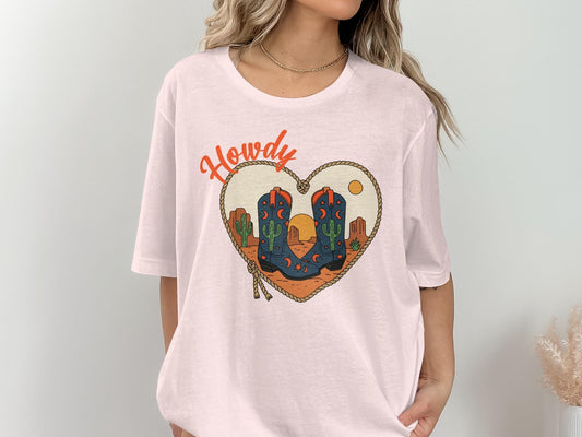 Howdy Cowboy Boots T-Shirt, Western Cactus Heart Tee