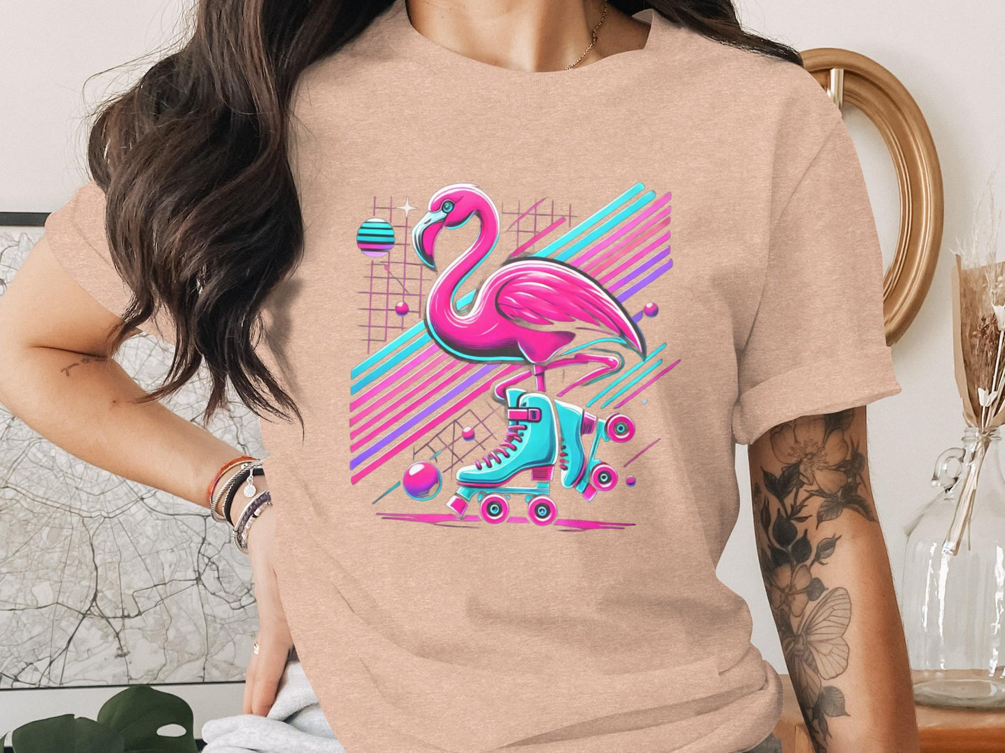 Flamingo Roller Skate T-Shirt, Retro 80s Graphic Tee