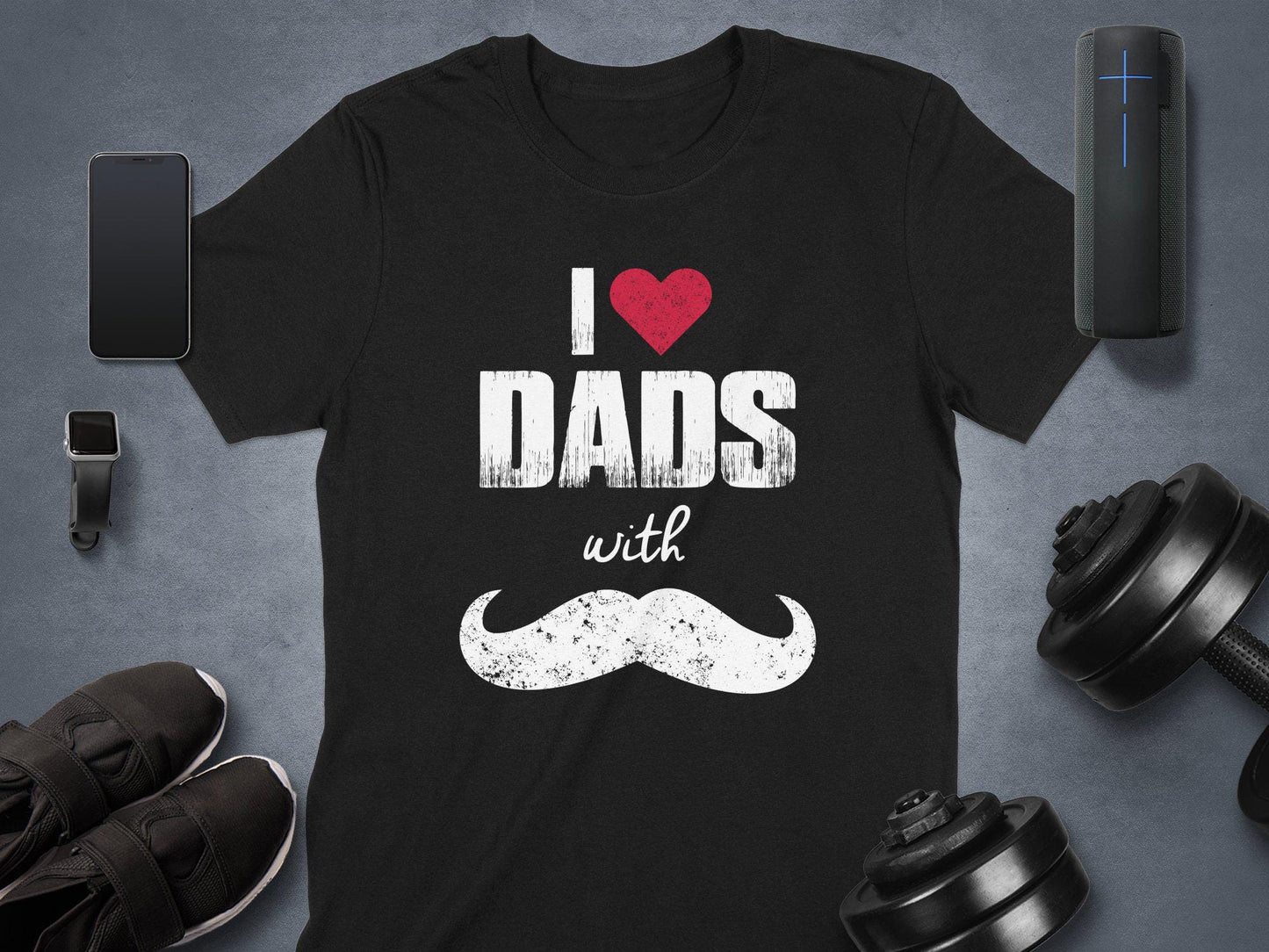 I Love Dads T-Shirts, Heart and Mustache Tee, Gift for Dad, Fathers Day Tee, Unique T-Shirts, Dad T-Shirts, Trendy Tees, Stylish Dad Gift
