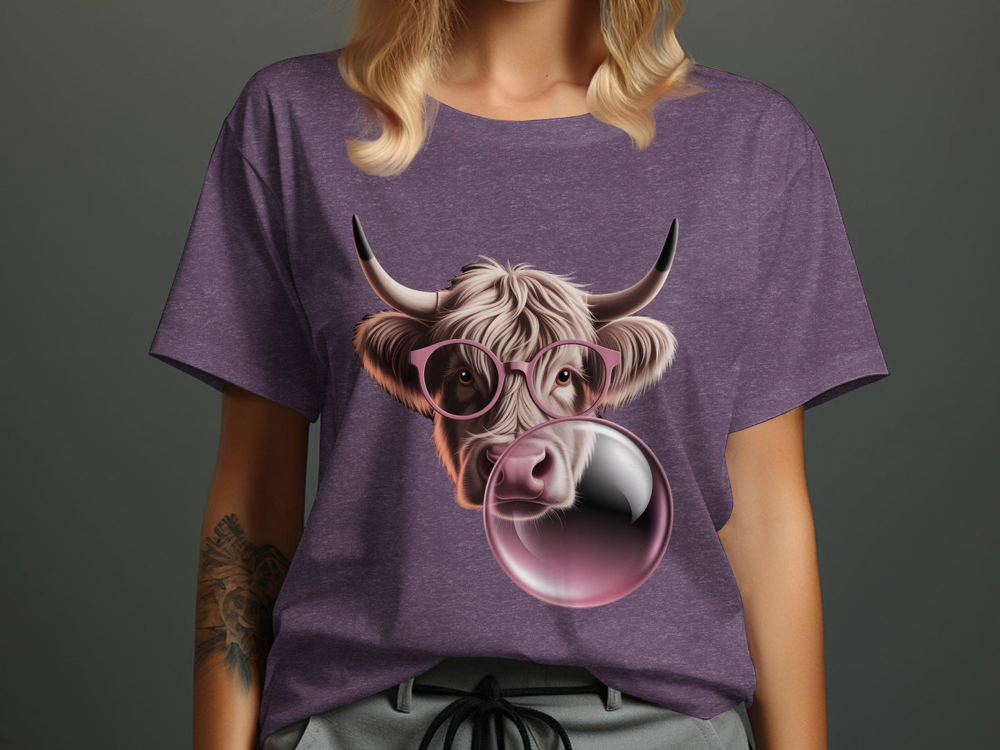 Highland Cow T-Shirt, Pink Glasses, Bubble Gum, Funny Animal Tee