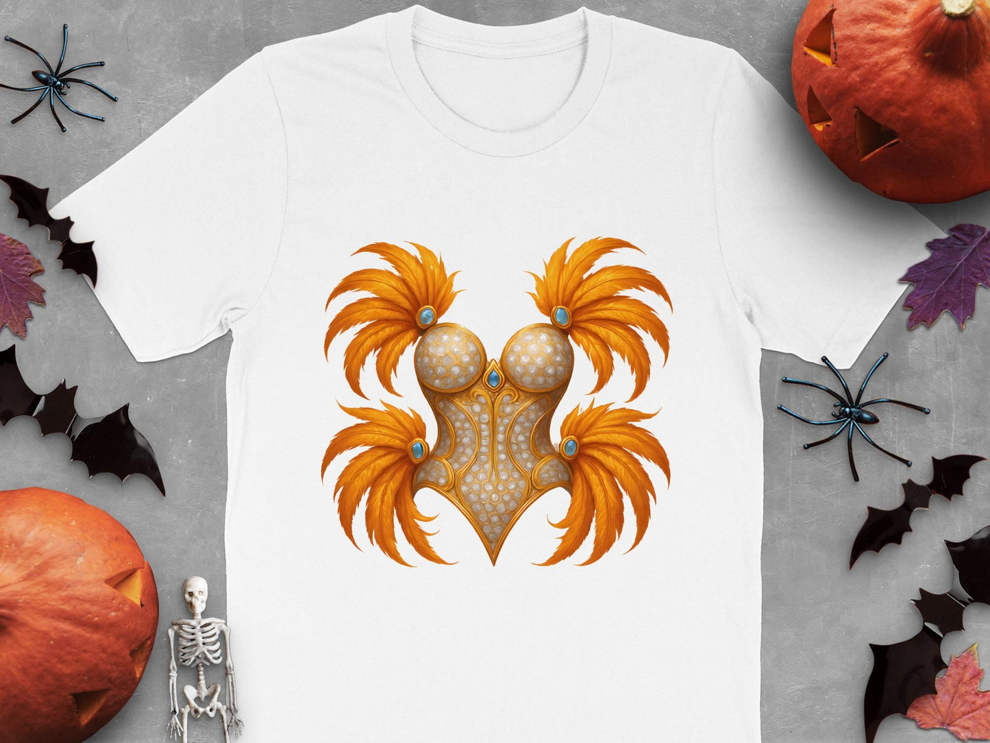 Feathered Corset T-Shirt, Golden Carnival Top, Burlesque Tee
