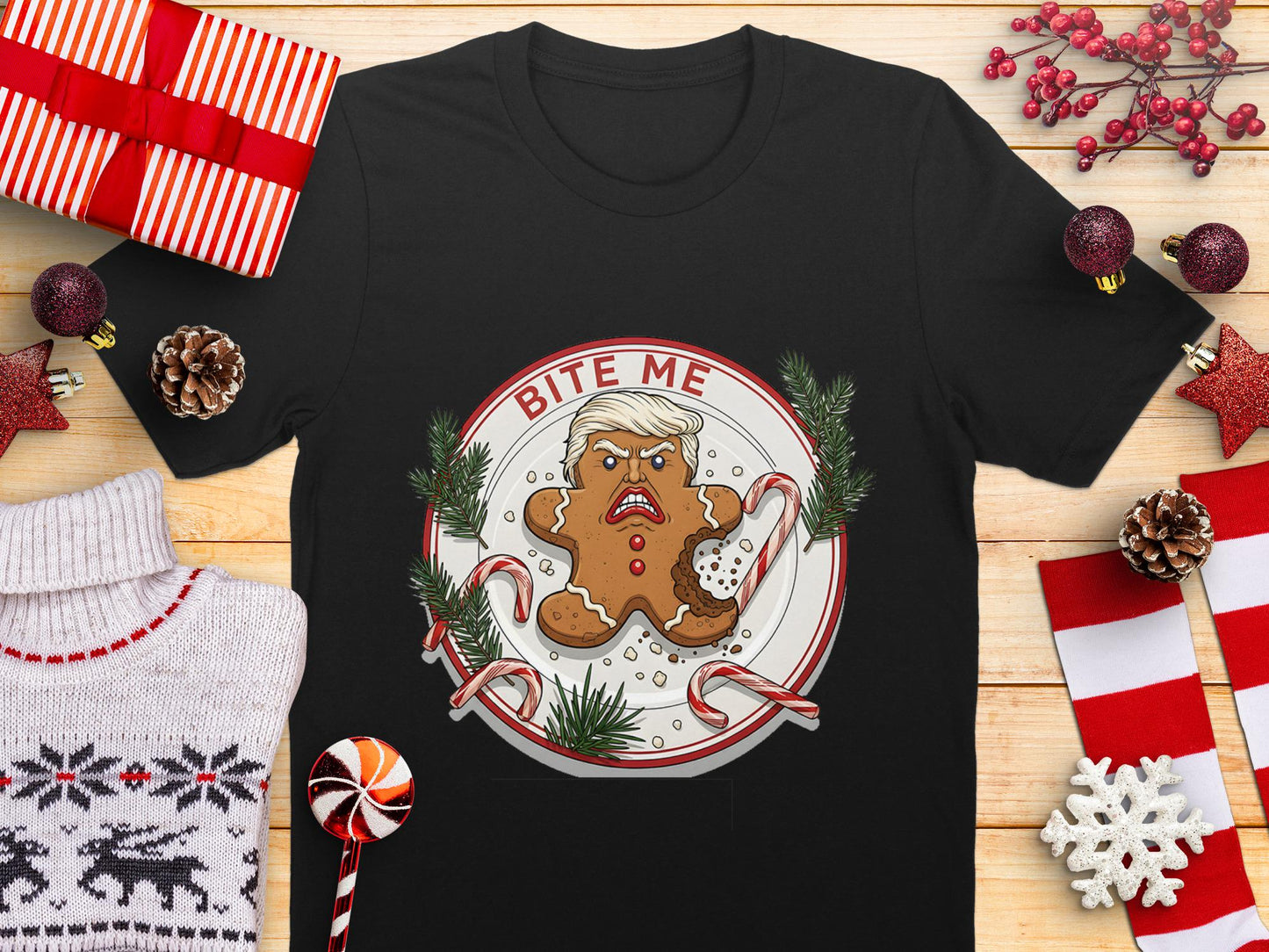 Bite Me Gingerbread Trump T-Shirt, Funny Political Tee, Anti Trump Xmas Gift, Holiday Season Shirt, Controversial Humor Apparel