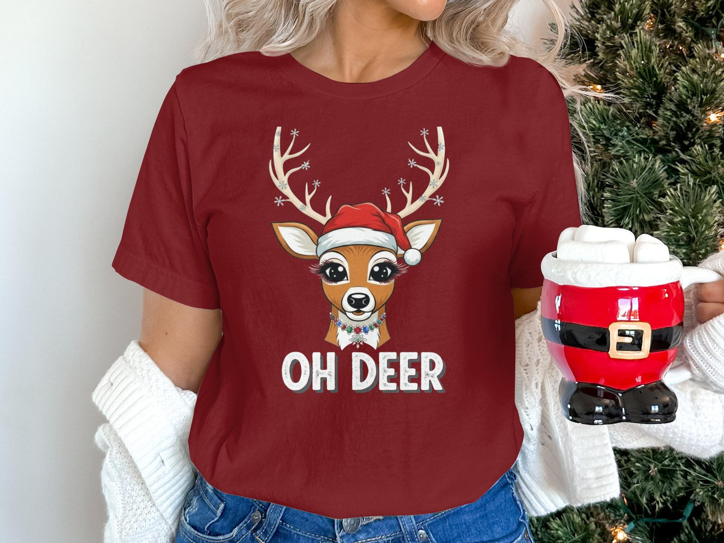 Oh Deer Christmas T-Shirt, Reindeer Santa Hat, Holiday Tee