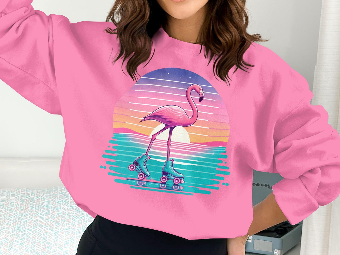 Flamingo Roller Skate T-Shirt, Retro Sunset Graphic Tee