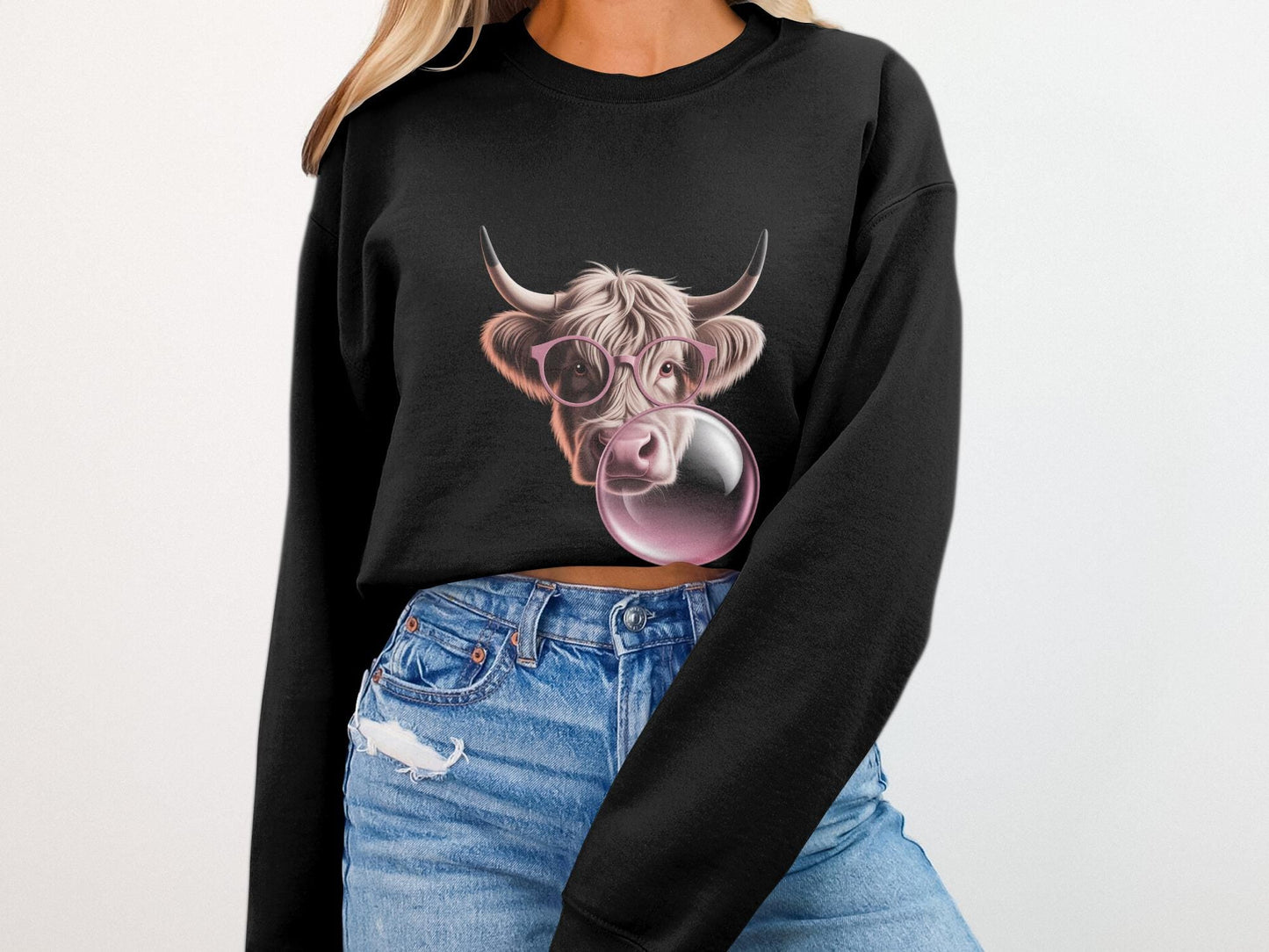 Highland Cow T-Shirt, Pink Glasses, Bubble Gum, Funny Animal Tee