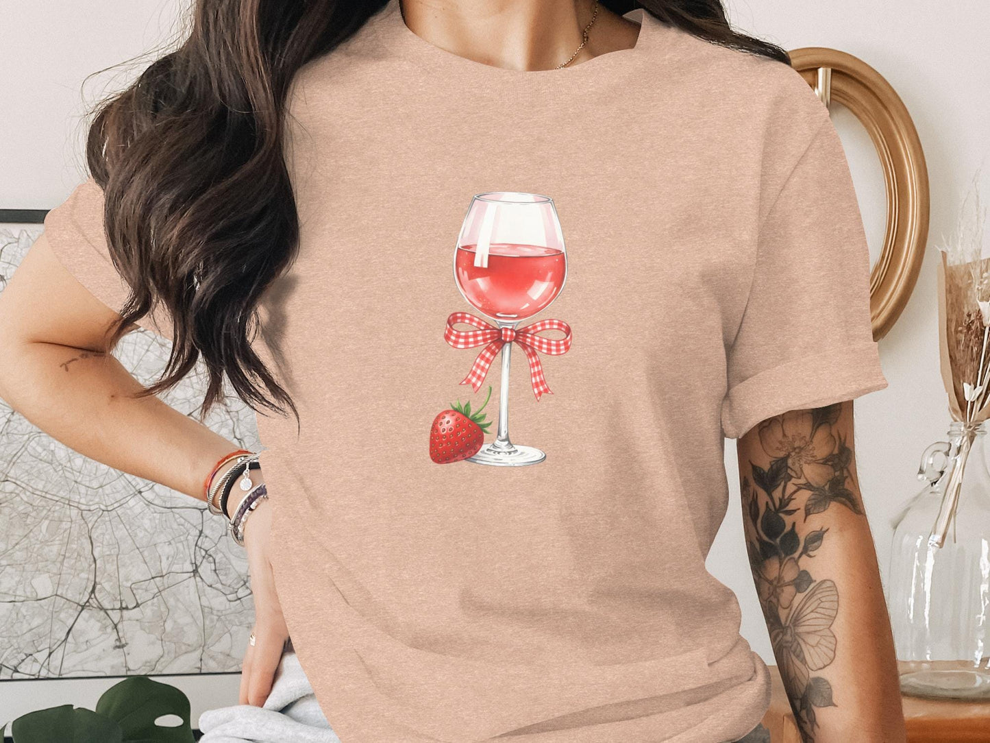 Strawberry Wine T-Shirt, Gingham Bow, Fruit Lover Tee