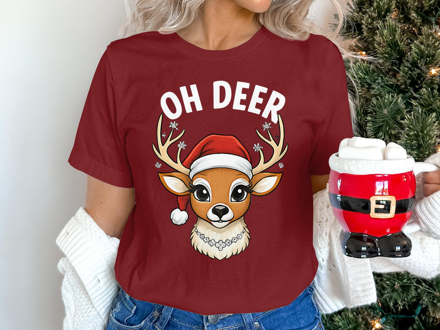 Christmas Deer T-Shirt: Cartoon Santa Hat Reindeer Tee