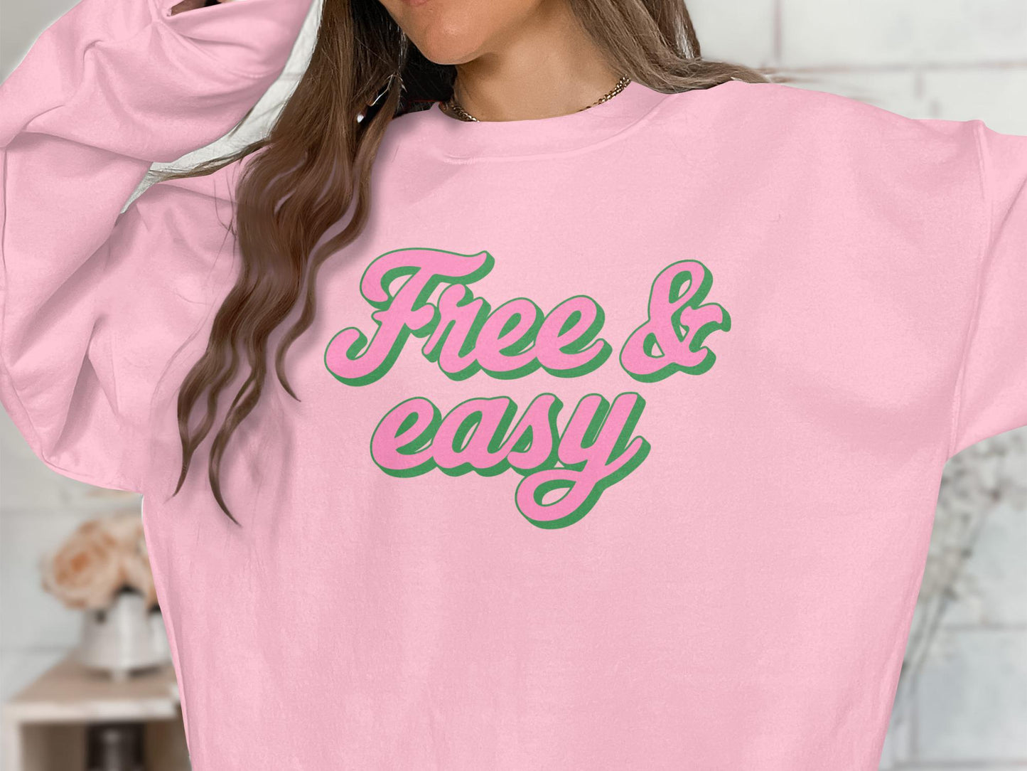 Free and Easy Graphic Tee, Pink Green Slogan Shirt