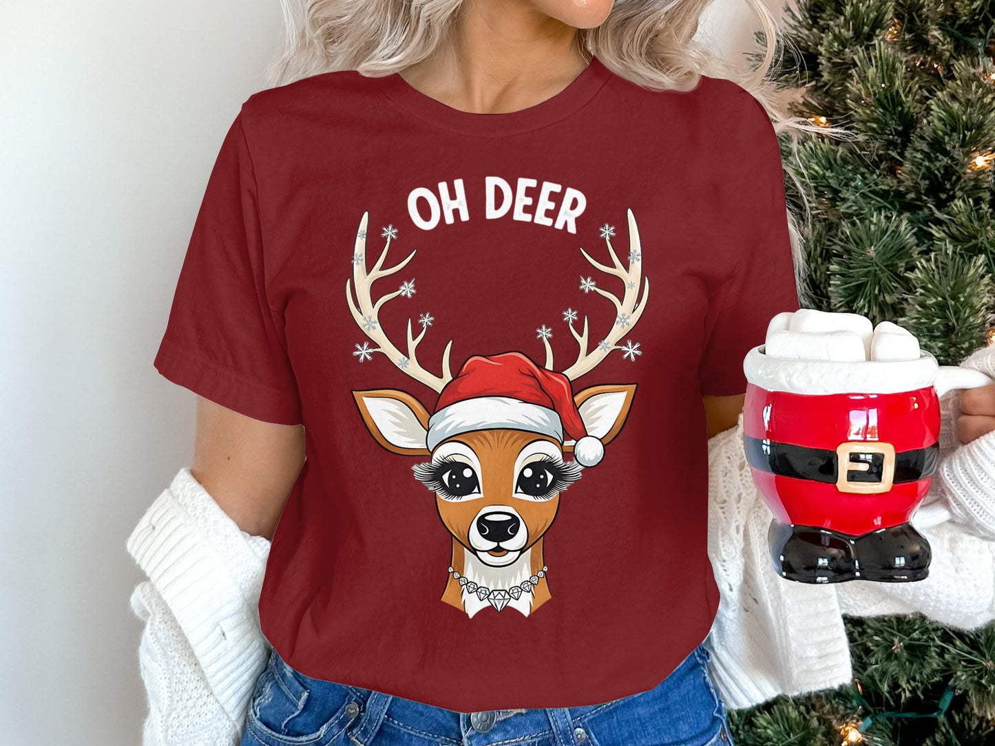 Reindeer T-Shirt, Christmas Deer Shirt, Cute Santa Hat Reindeer, Holiday T Shirt, Xmas Season Apparel, Trendy Deer Top