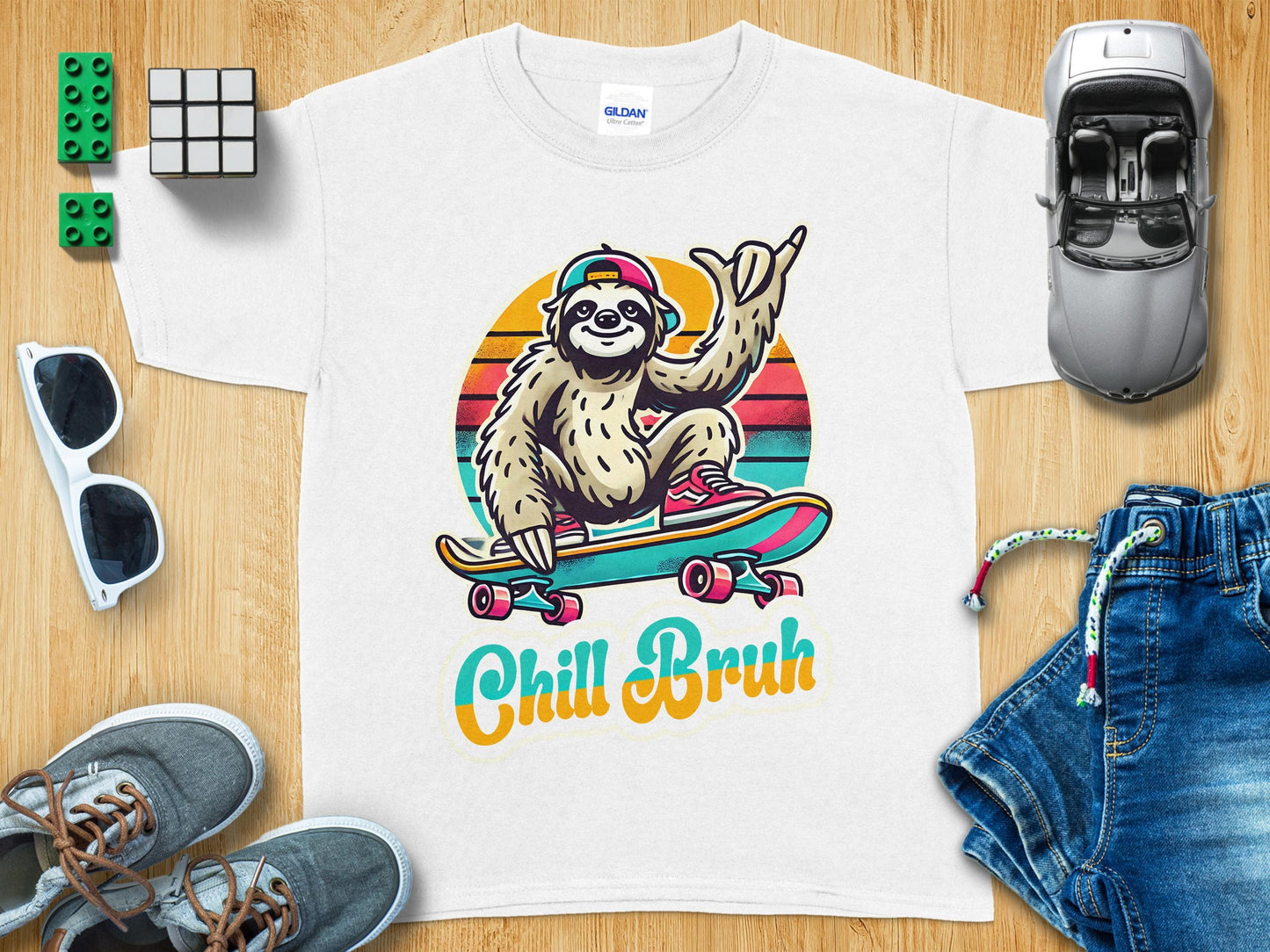Funny Sloth Skateboard Graphic Tee: Retro Chill Bruh Design
