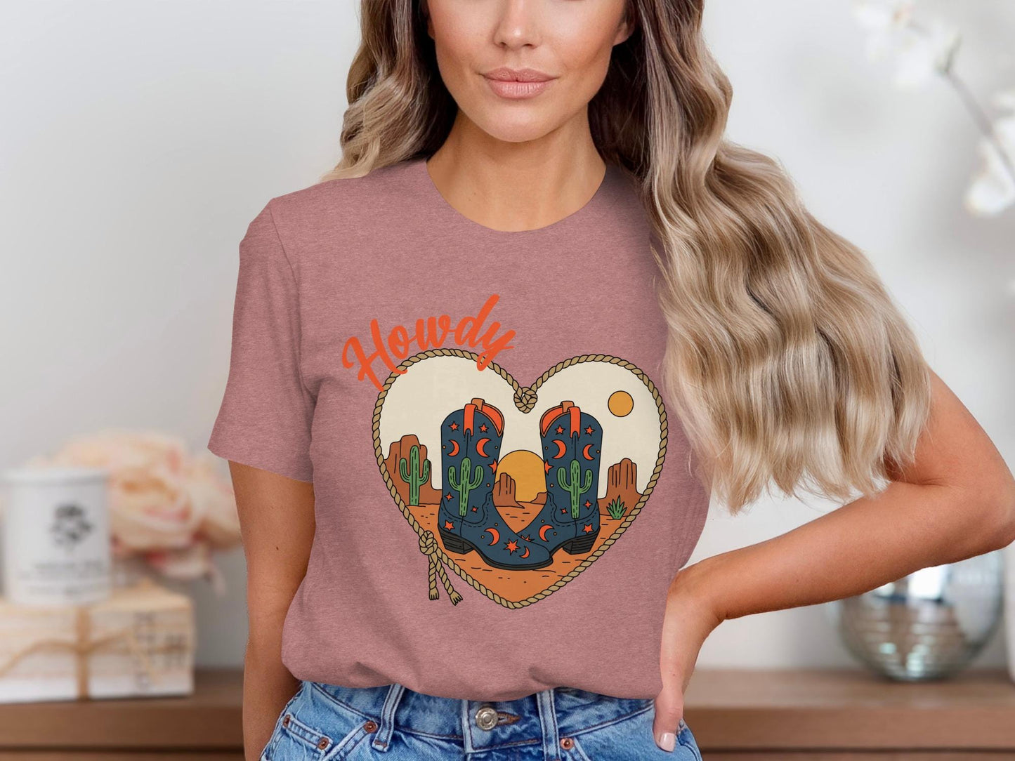 Howdy Cowboy Boots T-Shirt, Western Cactus Heart Tee