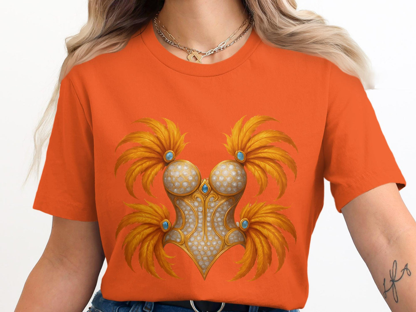 Feathered Corset T-Shirt, Golden Carnival Top, Burlesque Tee