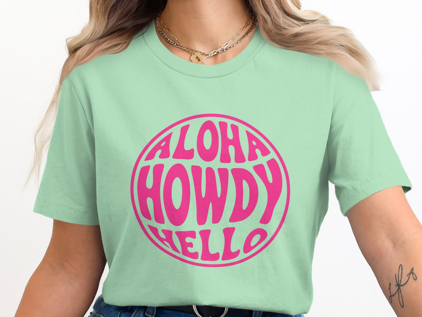 Aloha Howdy Hello T-Shirt, Retro Pink Graphic Tee