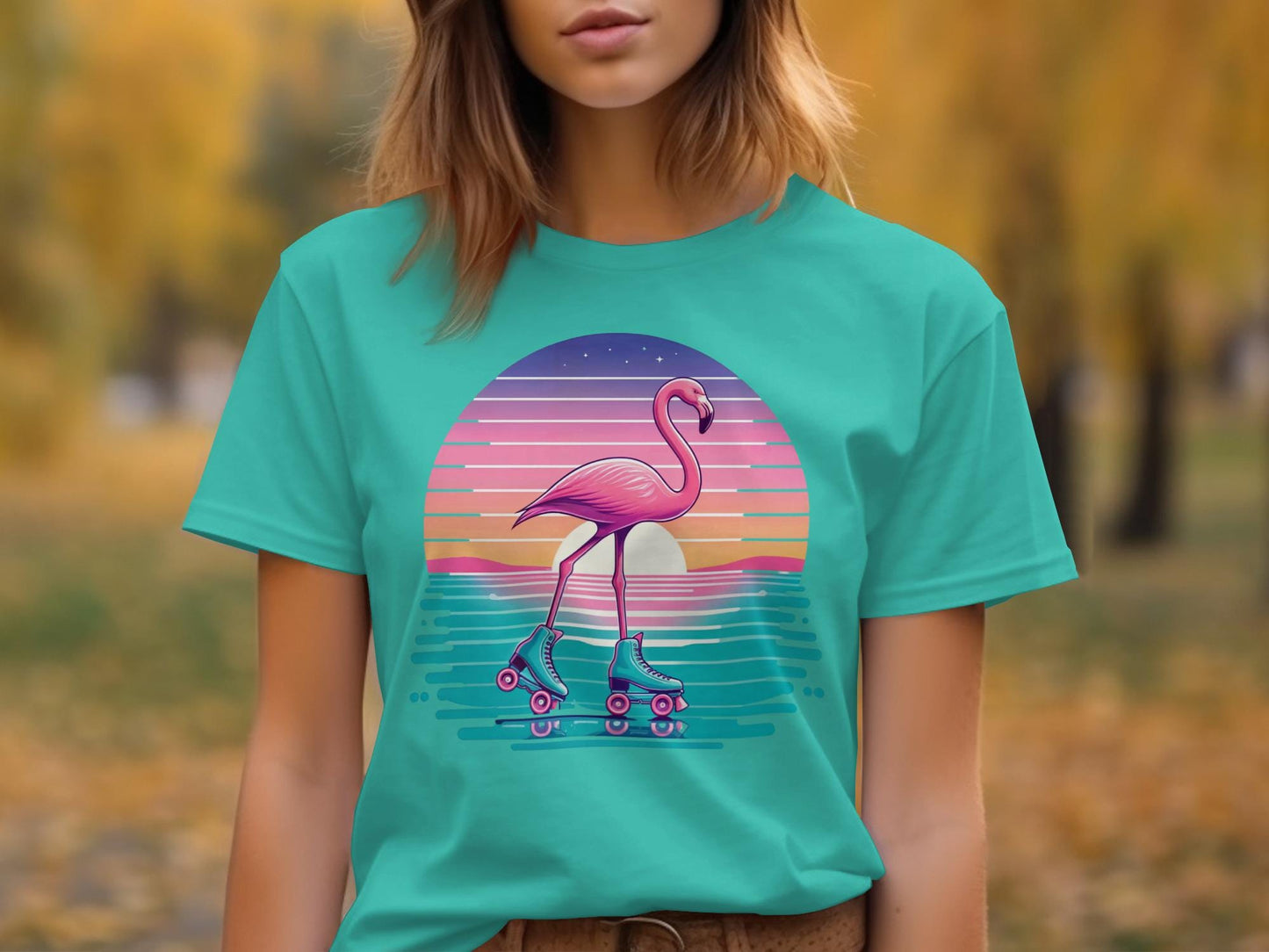 Flamingo Roller Skate T-Shirt, Retro Sunset Graphic Tee