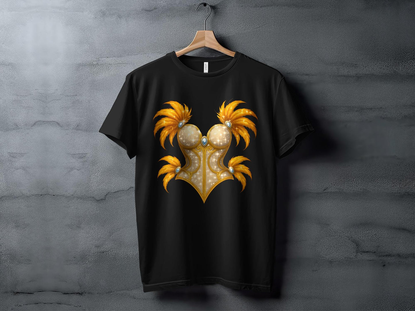 Golden Corset Graphic T-Shirt, Feather Embellished Bodice Top