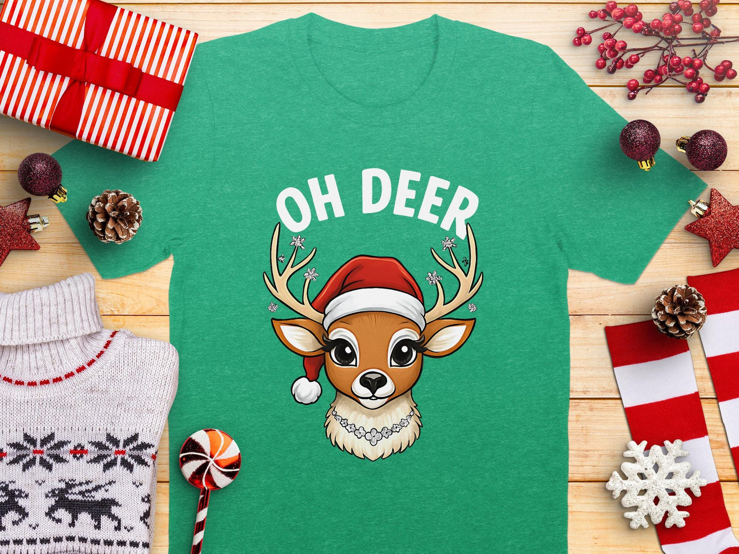 Christmas Deer T-Shirt: Cartoon Santa Hat Reindeer Tee