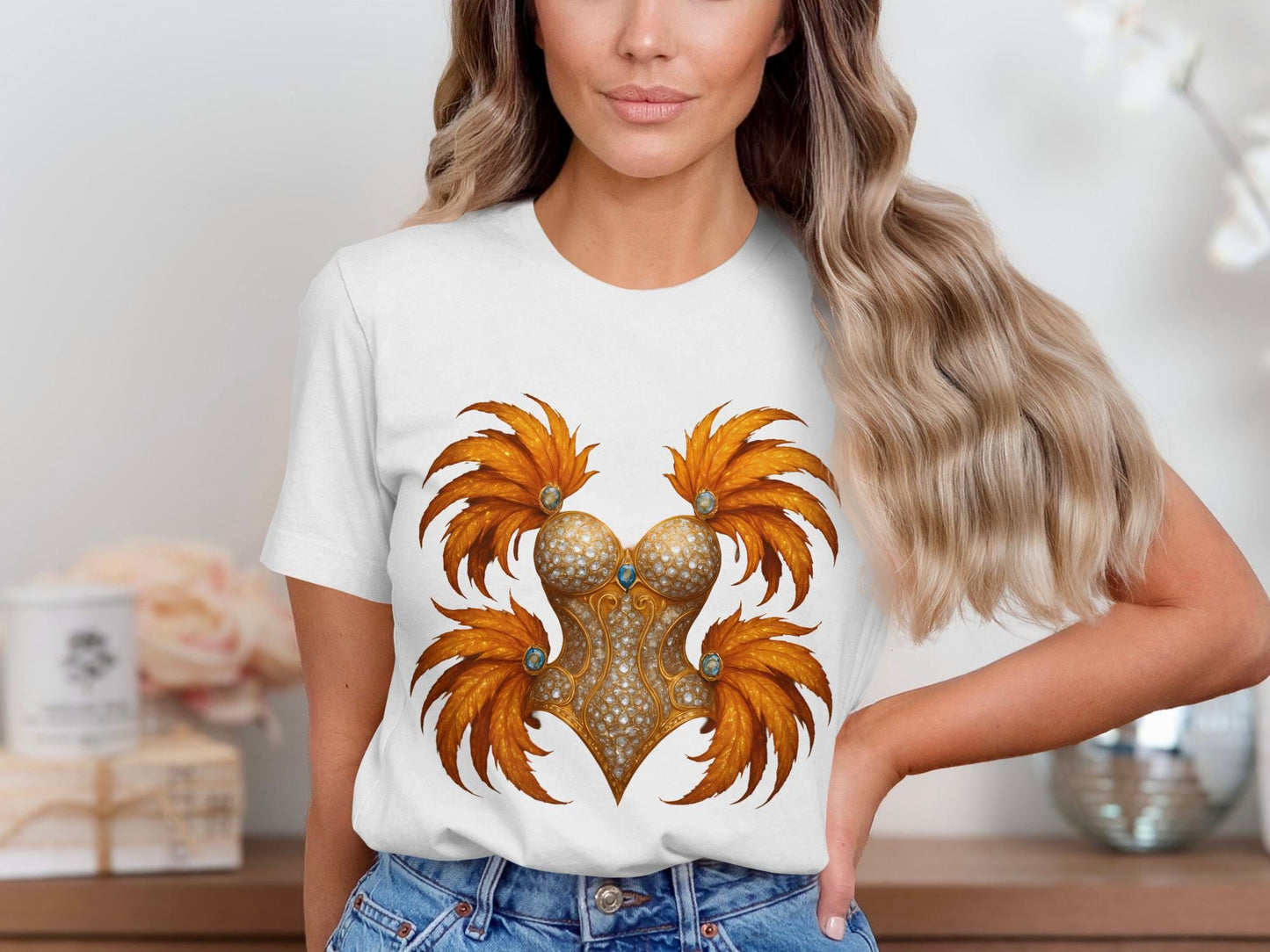 Feather Corset Graphic T-Shirt, Showgirl Costume Tee